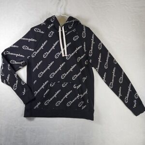 Champion Authentic Black All Over Print Logo Pullover Hoodie Mens Size L